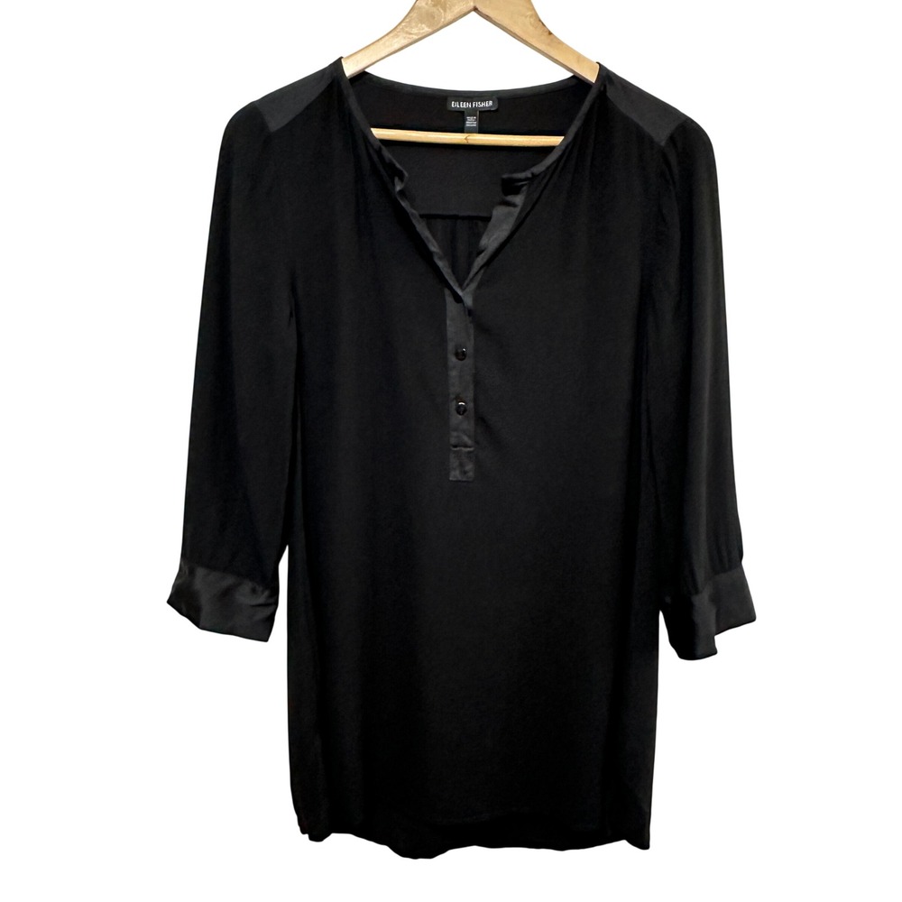 Eileen Fisher 100% Silk Tunic Women XS Black Henley 3/4 Sleeve Minimalist Luxury